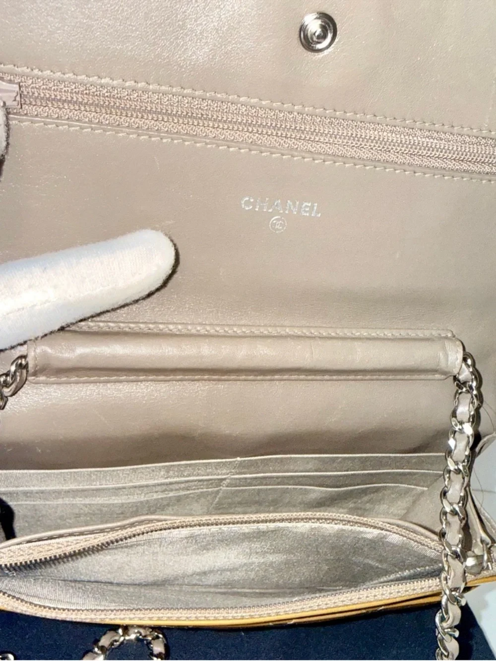CHANEL Metallic Champagne Gold Quilted Patent Leather Crossbody AUTHENTIC